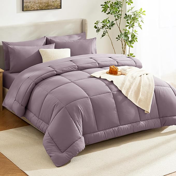 CozyLux Queen Comforter Set Dusty Purple, 7 Pieces Bed in a Bag, Grayish Purple Comforters Queen Size, Bedding Set with All Season Quilted Comforter, Flat Sheet, Fitted Sheet, Pillowcases