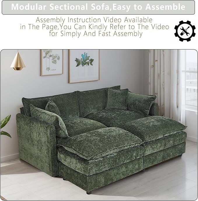 Setawix Deep Loveseat Couch with Ottomans,Large 2 Seater Lounger Cloud Couches for Living Room,77.16" Chenille Cloud Sofas with Deep Seat,Modular Sectional Sleeper Sofa for Bedroom (Green, 2+2)