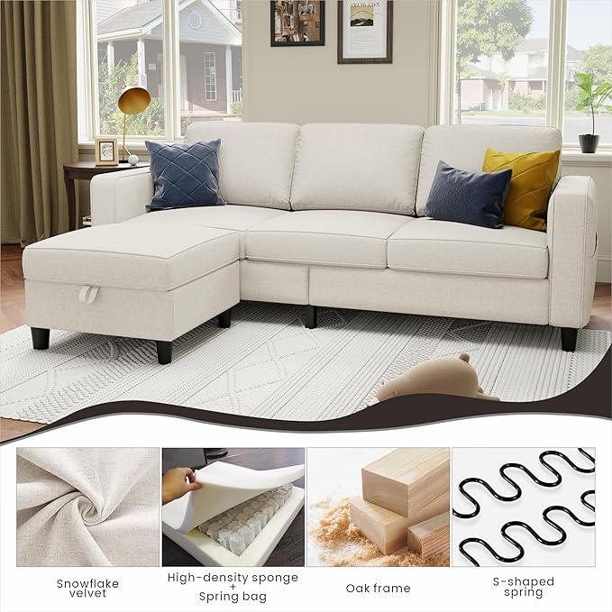 Sectional Sofa and Couches for Living Room - 78''L Shaped Beige Linen Couch-Pet Friendly Modular 3-Seater Convertible Sofas-Washable Covers-Suitable for The Living Room, Apartment or Bedroom