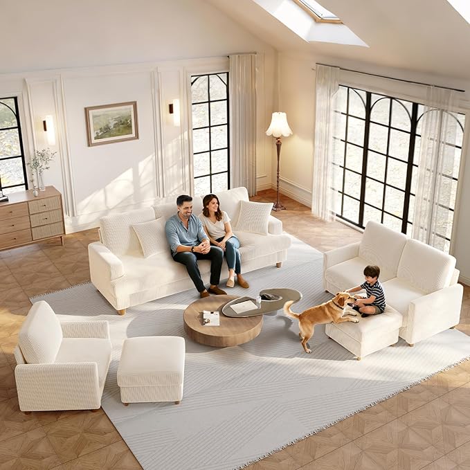 87.2" Couches for Living Room, Comfy Beige Couch 7.5" Extra Thick Cushion, Sofas for Living Room Tool-Free Setup, Loveseat Sofa 848lbs Support, Corduroy Couch for Bedroom, Apartment, Office