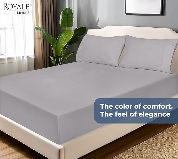 Royale Linens 100% Organic Cotton Fitted Sheet - Percale Weave - Super Soft Deep Pocket Bottom Sheets - Elastic Sheet King Cal Size - California King Fitted Sheets Only - (72"x84"+15", Silver)