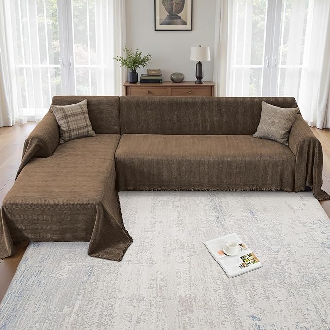Sectional Couch Covers 2 Pieces, Chenille L Shaped Couch Cover Blanket for Sectional Sofa with Herringbone Pattern Washable Sofa Slipcovers (XX-Large: 71" x 118" + 71" x 118", Coffee)