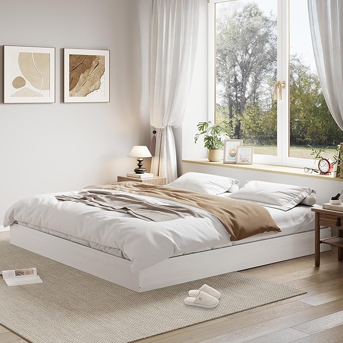 California King Size Solid Wood Platform Bed with Sturdy Wooden Slats, Floor-Standing Bed Frame, Modern Minimalist Design Bed Frame, No Box Spring Needed, Easy Assembly, White