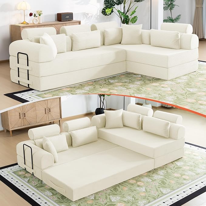 106" L-Shaped Boneless Sectional Couch, 2-Piece 70.87" Modules, Converts to 141.7" Extra-Long Straight Sofa, Corduroy Couch in a Box with Headrest & Back Pillows for Living Room, White