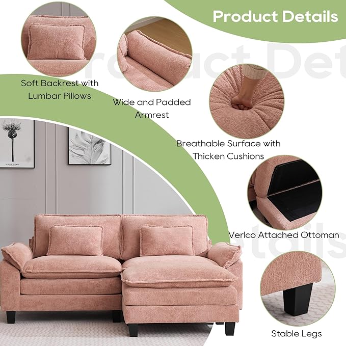 86" Modular Sectional Sofa, Comfy Cloud Couch Sectional Sofa with Ottoman, Chenille Sofa Sleeper Deep Seat Sofa with Throw Pillows for Living Room (Pink, 86"- L Shape)