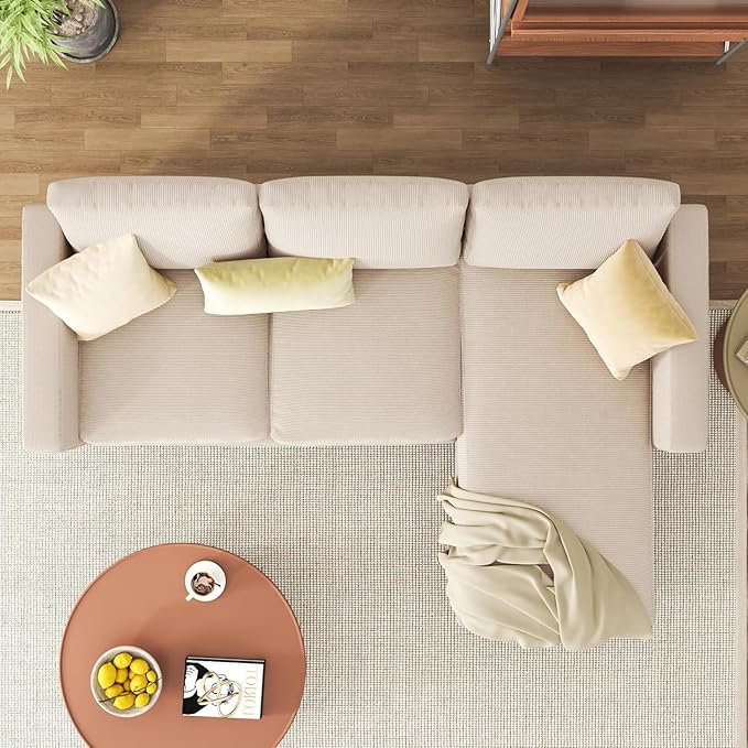 JAMFLY Couches for Living Room, 3-Seat Reversible Sectional Sofa with Convertible Ottoman, Modern Ribbed Fabric L-Shaped Couch for Small Apartment, Studio & Office, Easy Assembly, Beige