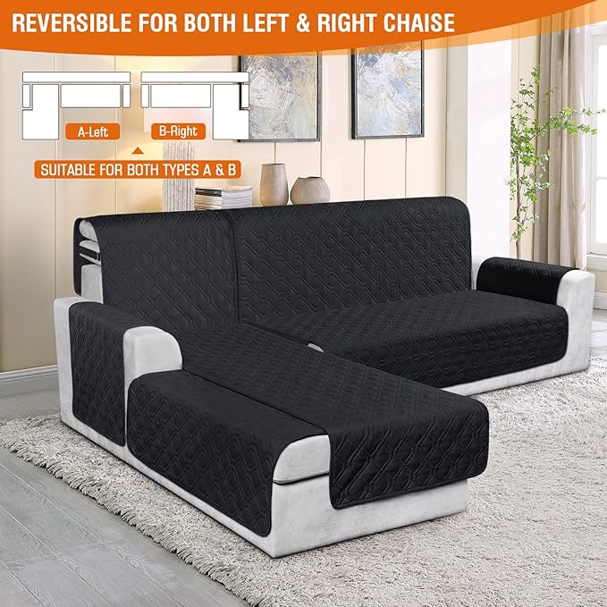 VANSOFY Sectional Couch Covers 100% Waterproof L Shaped Sofa Slipcover 3pcs Reversible Chaise Lounge Cover for Sectional Sofa Furniture Protector Cover for Pets Cat Dog(Small, Blcak)