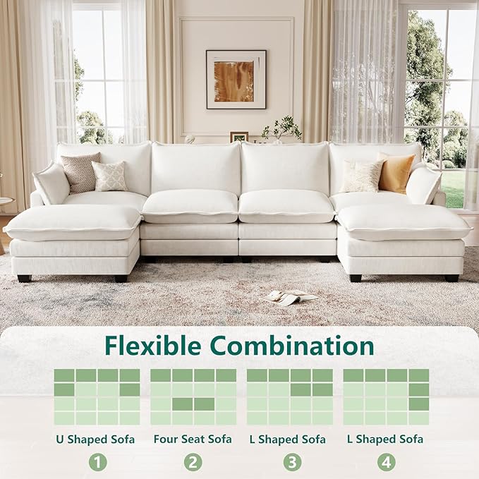 Modular Sectional U Shaped Sofa Couches for Living Room, Cloud Couch with Movable Ottoman, Comfy Chenille Sofa with Pillow for Bedroom and Apartment,Beige