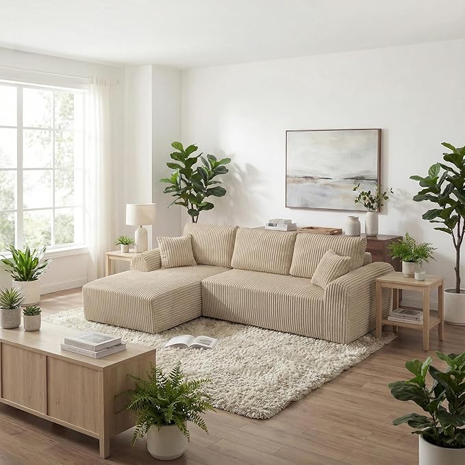 109“L-Shaped Sectional Sofa Boneless Couch Upholstery Cloud Modular Couch with Chaise No Assembly Required Corduroy Fabric Combination Deep Seat Living Room Bedroom(Camel, Left Hand Facing)