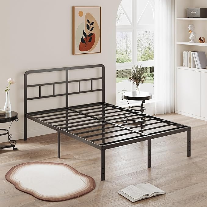 DiaOutro 16 Inch Full Size Bed Frame with Headboard No Box Spring Needed, Heavy Duty Metal Platform with Steel Slat, Mattress Foundation, Easy Assembly, No Noise, Black