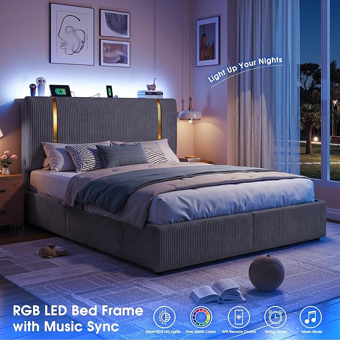 Homkdom Full Size Bed Frame with Headboard & 6 Storage Drawers,Soft Upholstered Bed Frame Full with LED Light & Charging Station,1200-LB Heavy Duty Metal Support,Modern,Grey