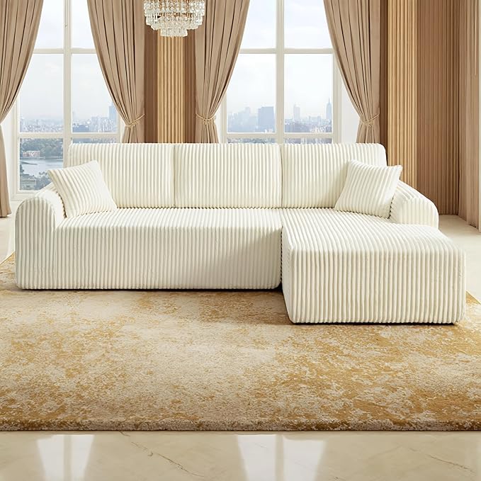 109“L-Shaped Sectional Sofa Boneless Couch Upholstery Cloud Modular Couch with Chaise No Assembly Required Corduroy Fabric Combination Deep Seat Living Room Bedroom(Cream, Right Hand Facing)