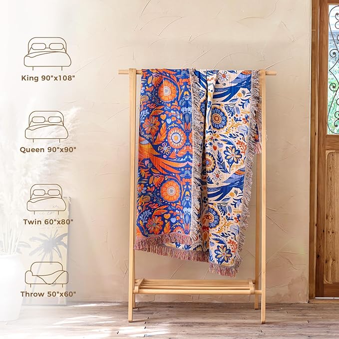 LUTBM Boho Throw Blanket for Couch Sofa Chair Cotton Spring Blankets for Bedroom Living Room All Season Soft Lightweight Reversible Floral Bird Embroidery Throws 50"x60"
