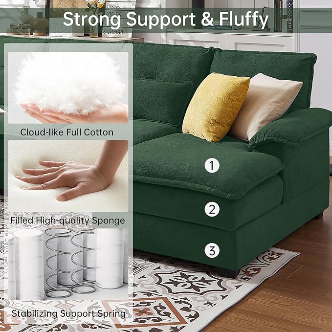 110" Convertible Sectional Sofa, U Shape Cloud Couch, Comfy Couches with Double Chaise and Sleepable Armrests, 4 Seats Sectional Couches for Living Room, Green