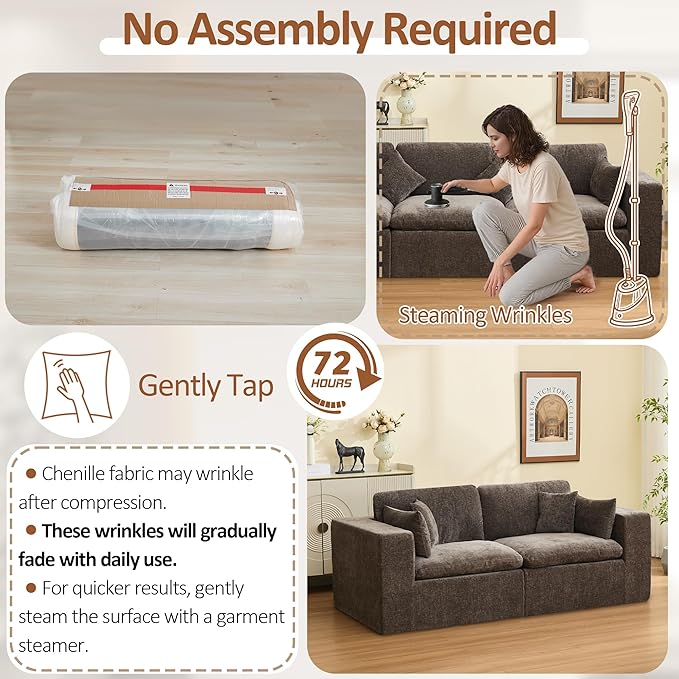 83''Cloud Boneless Modular Sectional Sofa, Deep Seat Sectional Couch, Upholstered Convertible Comfy Memory Foam Sofa Loveseat Chenille Memory Foam Couches for Living Room, Brown