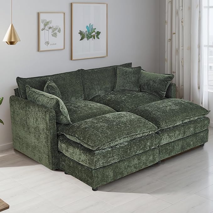 Setawix Deep Loveseat Couch with Ottomans,Large 2 Seater Lounger Cloud Couches for Living Room,77.16" Chenille Cloud Sofas with Deep Seat,Modular Sectional Sleeper Sofa for Bedroom (Green, 2+2)