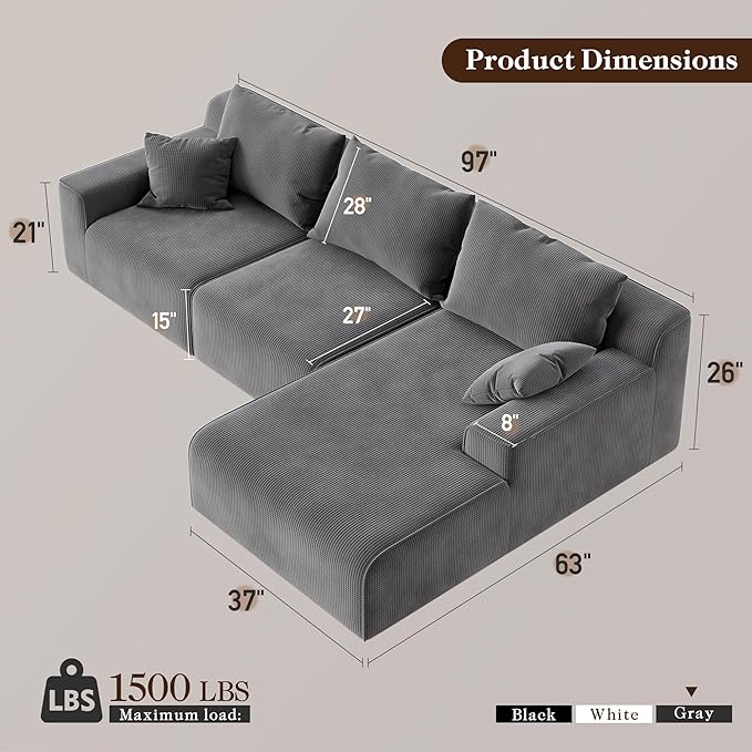 97”Modular Sectional Sofa, Cloud Sectional Couch with Deep Seat, Modern Modular L-Shape Sofa Couch, Upholstered Boneless Couches for Living Room Bedroom (Grey Check, Right Facing Chaise)