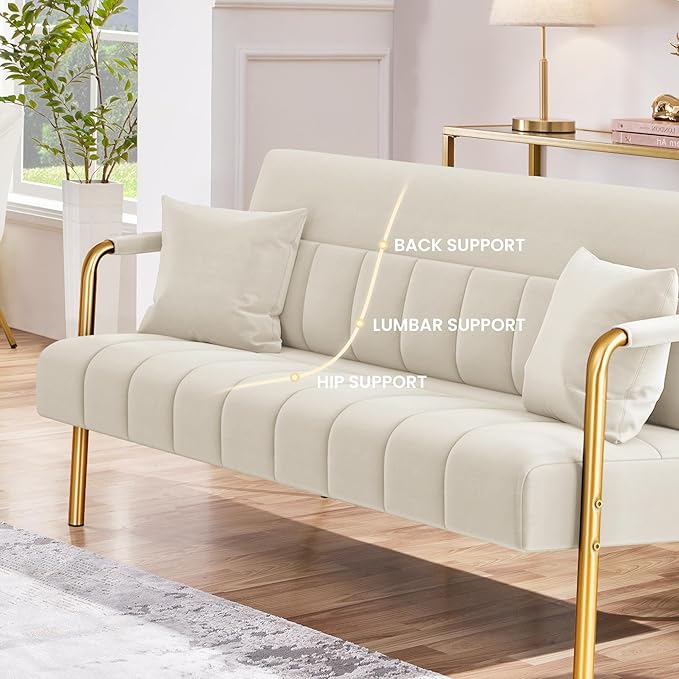 Yaheetech 56.5" W Modern Sofa Small Sofa Luxurious Velvet Fabric Couch with Gold-Tone Metal Arms and Legs for Living Room, Home Office, Studio Beige