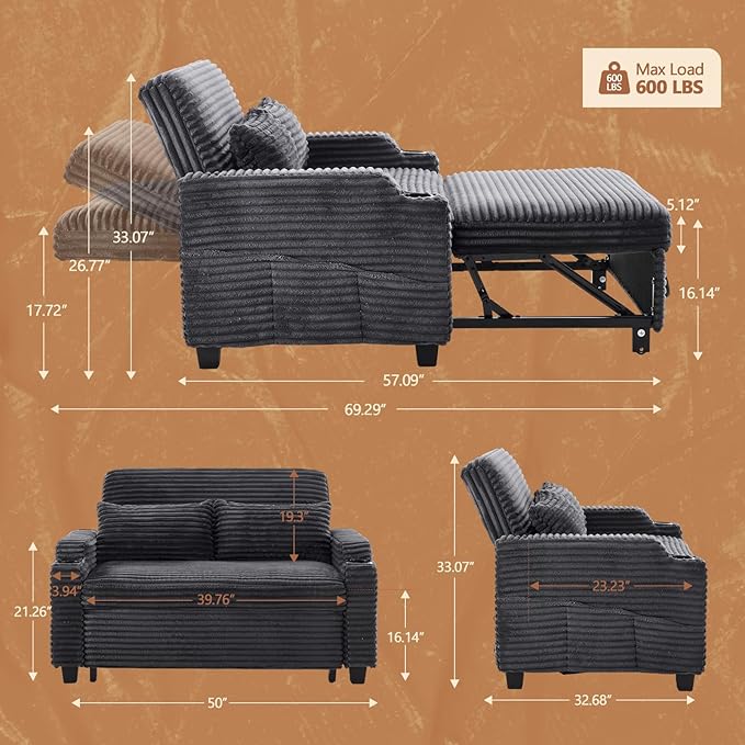 VINGLI Dark Gray Futon Sofa Bed Convertible Loveseat Sleeper Sofa Couch, Corduroy Pullout Sofa Fold Out Couch Bed with USB Ports, Cup Holders, Armrest for Living Room, Bedroom Apartment Room | Lovesest Sleeper