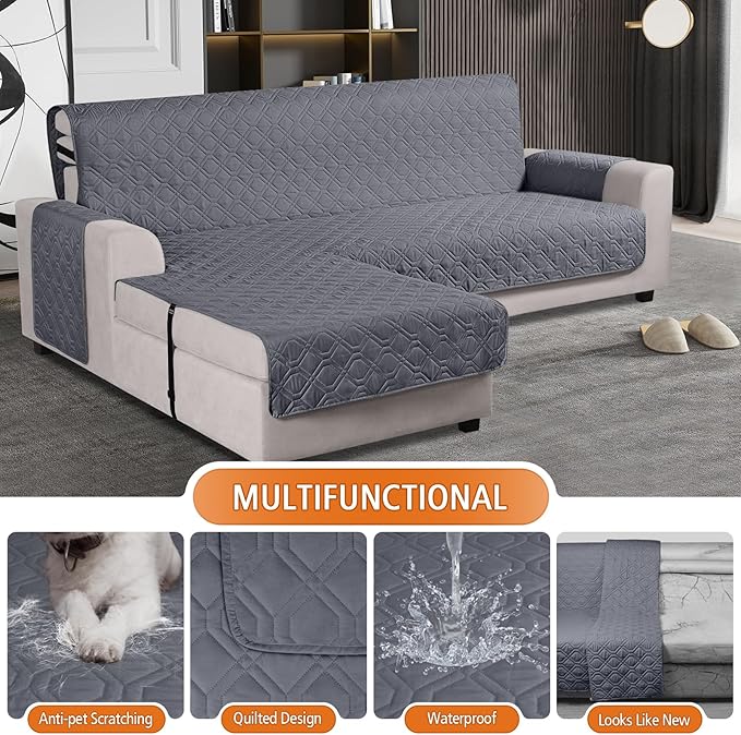 VANSOFY Upgraded Sectional Couch Covers 100% Waterproof L Shaped Sofa Slipcover Reversible Chaise Lounge Cover for Sectional Sofa Cover for Pets Cat Dog(Small,Dark Gray)
