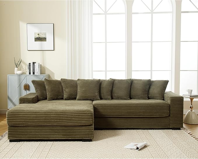111 Inch Corduroy Sectional Couches for Living Room | L-Shaped Sectional Couch with 8 Pillows | Cloud Couch with Deep Seat | Solid Wood Frame Sofa Green (Left Facing Chaise)