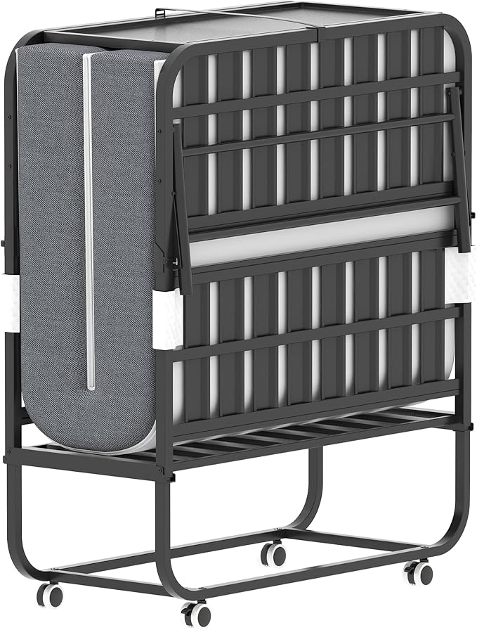 AQY Folding Rollaway Bed with 5" Memory Foam Mattress, 3.15" Lift Adjustable Headboard, 75"x38", Heavy Duty Metal Frame on Wheels, Portable for Adults/Guests, Assembly Required