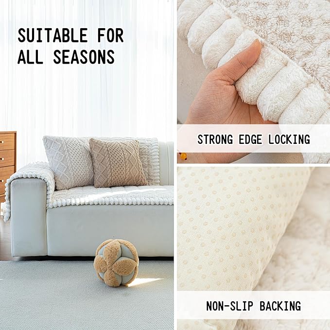 Sofa Pad, Plush Couch Cover Washable for Pet, Non-Slip Warm Couchs Cover, Funny Fuzzy Pet Couch Covers for Sofa, Sofa Slipcovers Furniture Covers for L Shaped(Beige White 27.6"x 82.7")