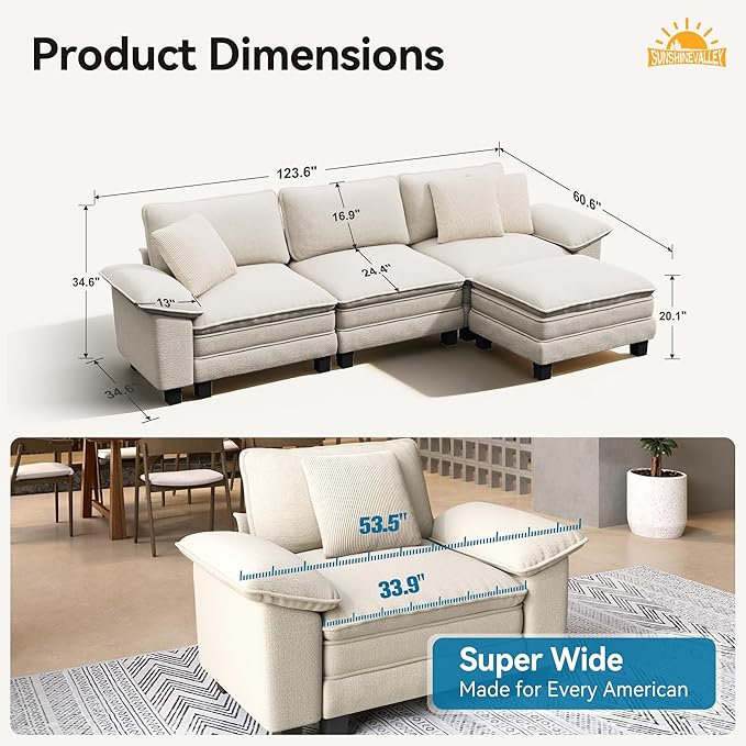 L Shaped Modular Cloud Couch, 123.6'' Comfy Chenille Sectional Sofa with Wider Armrest and Ottoman, Upholstered 4-Seat Modern Deep Seat for Bedroom Living Room, Beige