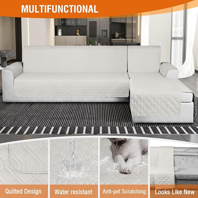VANSOFY Sectional Couch Covers 100% Waterproof L Shaped Sofa Slipcover 3pcs Reversible Chaise Lounge Cover for Sectional Sofa Furniture Protector Cover for Pets Dog Cat(X-Large, Beige)