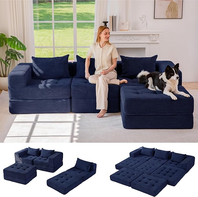 MAXYOYO Modular Sectional Sofa Couch, Foldable L-Shaped Folding Sofa Bed with Ottoman, Convertible Sectional Couch Corded Tufted Floor Sofa Lounger with Pillows for Living Room, No Assembly, Navy