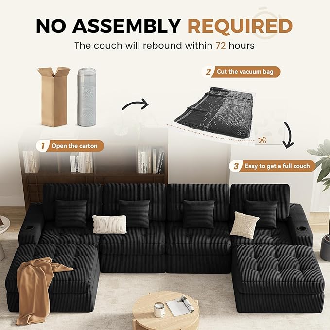 144" U Shaped Cloud Boneless Couch,Modern Modular Sectional Sofa with Layered Cushion,No Assembly Convertible Corduroy Couches for Living Room,Black 1 PCS