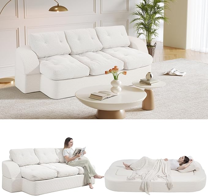 MeMoreCool Cloud Couch Boneless 3-Seater Sofa Bed – Beige Corduroy Convertible Floor Couch with Tufted Cushion, No Assembly Foldable Sleeper for Living Room, Apartment and Small Spaces