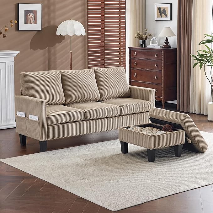 VINGLI 68.5' L Shaped Couch with Movable Storage Ottoman, Convertible Sectional Sofa in Soft Corduroy Fabric, Modern Reversible Chaise Couch for Small Spaces, Apartment, Living Room，Khaki