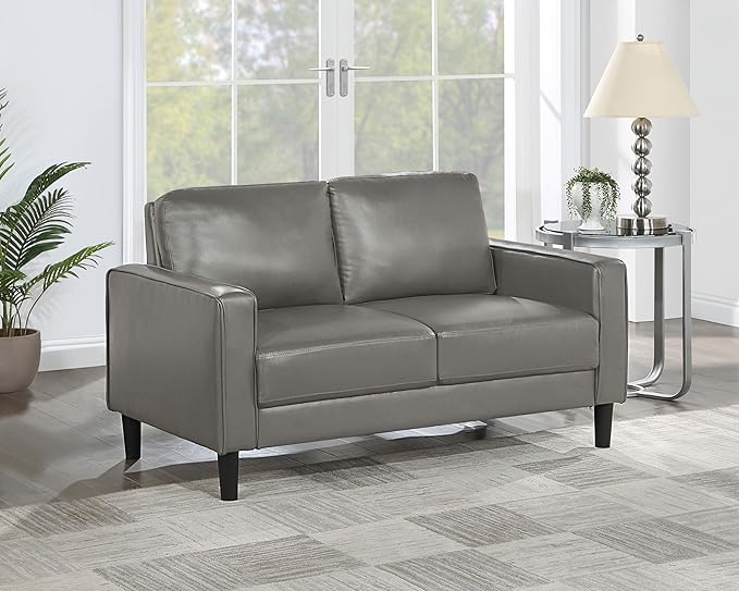 Coaster Home Furnishings - Ruth - Faux Leather - Upholstered Loveseat with Track Arms, Foam-Filled Cushions, and Straight Tapered Legs - Living Room - Gray - 508366