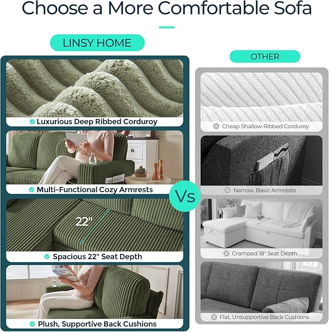 LINSY HOME Sectional Sleeper Sofa with Pull Out Couch Bed for Living Room (Green) | Plush Corduroy, Storage Ottoman, Storage Chaise, Pull Out Couch, USB Charging