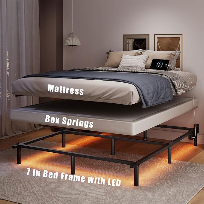 SHOANED King Size Bed Frame with LED, 7 Inch Metal Steel Bedframe for Box Spring and Mattress, Heavy Duty Basics Bed Base, Noise Free, Easy Assembly, Black, Adjustable