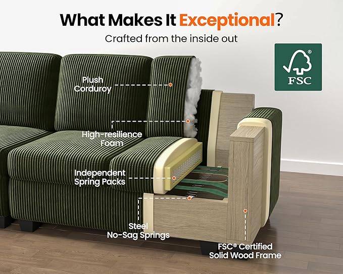 CHIC HOUSE Modular Sectional Sofa with Storage Ottomans, Corduroy Cloud Couch for Small Spaces & Apartments, Reconfigurable L/U Shaped Convertible Corner Sofa, Green, Corner