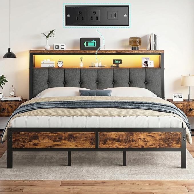 Homkdom King Bed Frame with Charging Station and LED Lights, Grey Upholstered Headboard with 2-Tier Storage Shelves,12" Under-Bed Storage, No Sliding, Noiseless, 1100LBS,76.2W*88L*40H