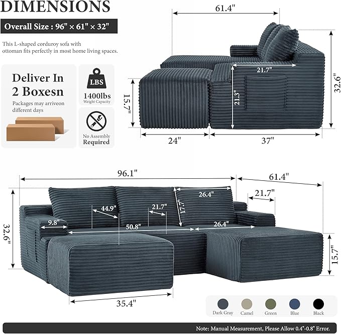 96" Sectional Couches for Living Room Cloud Couch Sofa with L-Shape Upholstered Boneless Couchs Modern Modular Sectional Couch with Chaise (Dark Grey, 96" W+Right Facing Chaise+2Seaters+Ottoman)