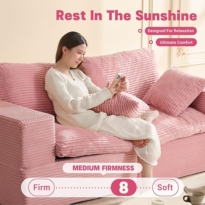 74.8” Set of Cloud Couch, Modular Loveseat Sofa, Convertible Sofas Bed, Deep Seat Sofa, Cozy Sofa for Living Room, Office and Bedroom, Corduroy, Pink