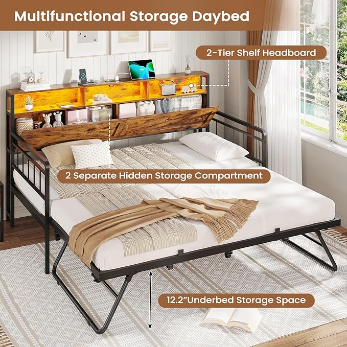 VIAGDO Day Bed with Trundle Bed Twin, Wood Day Bed with Hidden Storage Headboard, Farmhouse Daybed with Charging Station and LED Lights, Twin to King Daybed for Living Room, Guest Room, Rustic Brown
