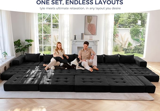 MAXYOYO Modular Sectional Sofa Couch, Foldable Oversized U Shaped Cloud Couch with Pillows, Tufted Boneless Sleeper Lounger Floor Sofa Bed for Living Room, No Assembly Required, Black