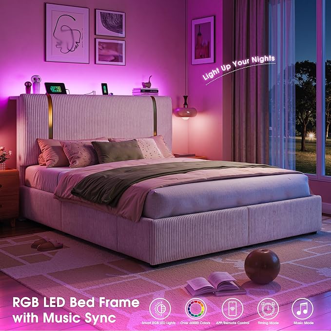 Homkdom Queen Bed Frame with 6 Storage Drawers, Upholstered Bed Frame Queen Size with Adjustable Headboard, LED Light & Charging Station, Heavy Duty Metal Support,Modern,Beige