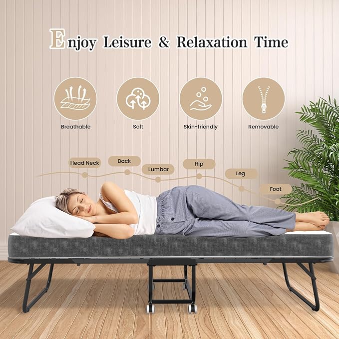 75''x38'' Folding Guest Bed for Adults, Foldable Rollaway Bed with Memory Foam Mattress & Sturdy Fold Up Metal Frame for Bedroom, Office, Apartments, Space-Saving Design for Easy Storage