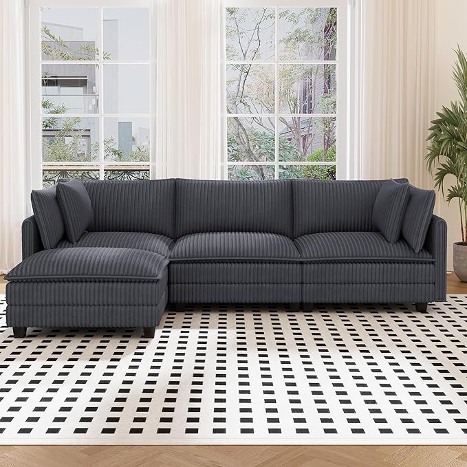 Vesgantti 109" L Shaped Cloud Sectional Couch, Comfy Corduroy Upholstered Modular Couches for Living Room, Modern 3 Seater Sectional Sofa with Ottoman Deep Seat, Charcoal Grey