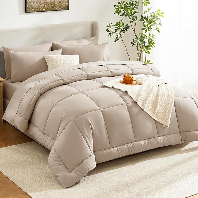 CozyLux King Size Comforter Set Wheat, 7 Pieces Bed in a Bag, Wheat Comforter King Size, All Season Bedding Sets with Stitch Quilted Comforter, Flat Sheet, Fitted Sheet, Pillowcases