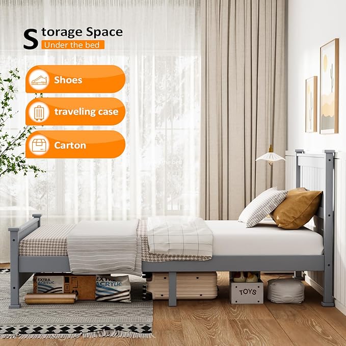 VINGLI Twin Bed Frame Solid Wood Platform Single Bed with Headboard, No Box Spring Needed Panel Bed, Wood Slat Support Mattress Foundation, Gray