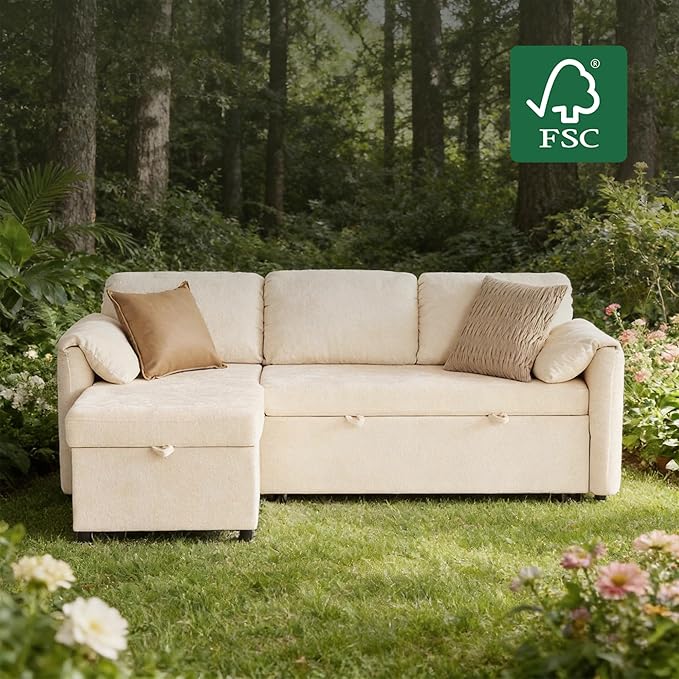 Tbfit Pull Out Sofa Bed with Chair, 3 in 1 Sleeper Sofa Couch with USB & Storage Chaise, Comfy Convertible Sleeper Sofas for Living Room, Small Spaces, White&Beige