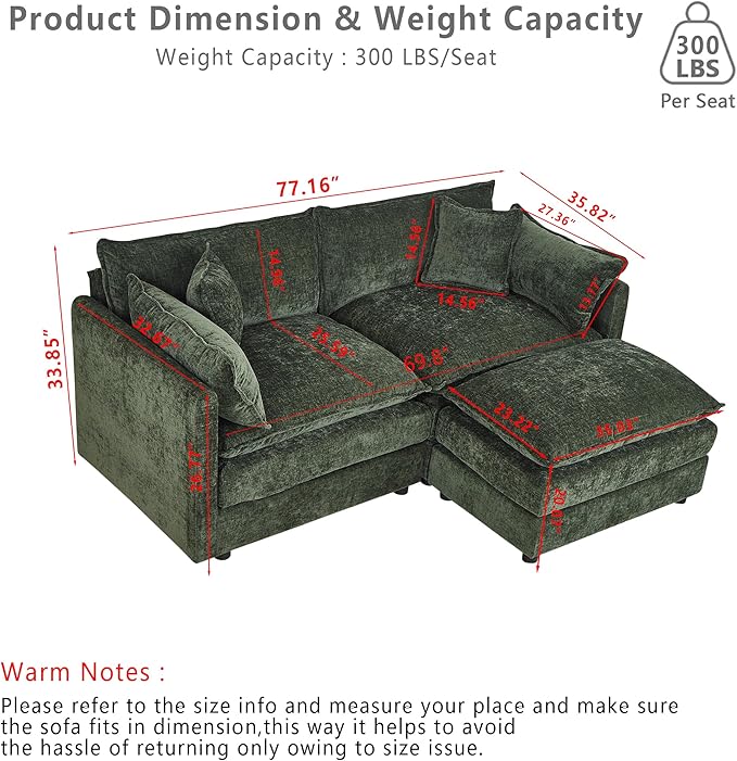 Setawix Deep Loveseat Couch with Ottoman,Large L-Shaped 2 Seater Cloud Couches for Living Room,77.16" Chenille Cloud Sofas with Deep Seat,Modular Sectional 2 Seat Sofa for Bedroom (Green, 2+1)