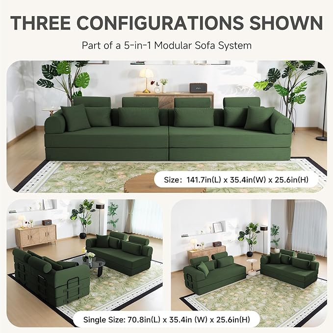 106” L Shaped Boneless Sectional Couch, Two 70.87” Pieces Convert to 141.7” Extra Long Straight Sofa, Corduroy Couch in a Box with Headrest and Back Pillows for Apartment Living Room, Dark Green